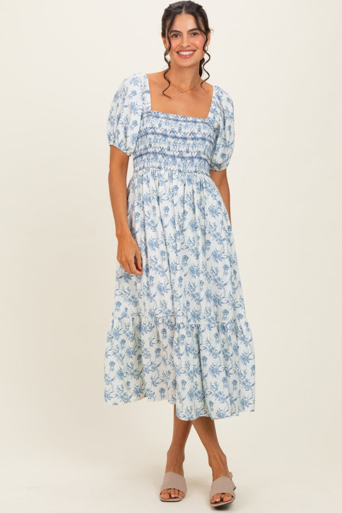 Porcelain Blue Floral Smocked Puff Sleeve Midi Dress