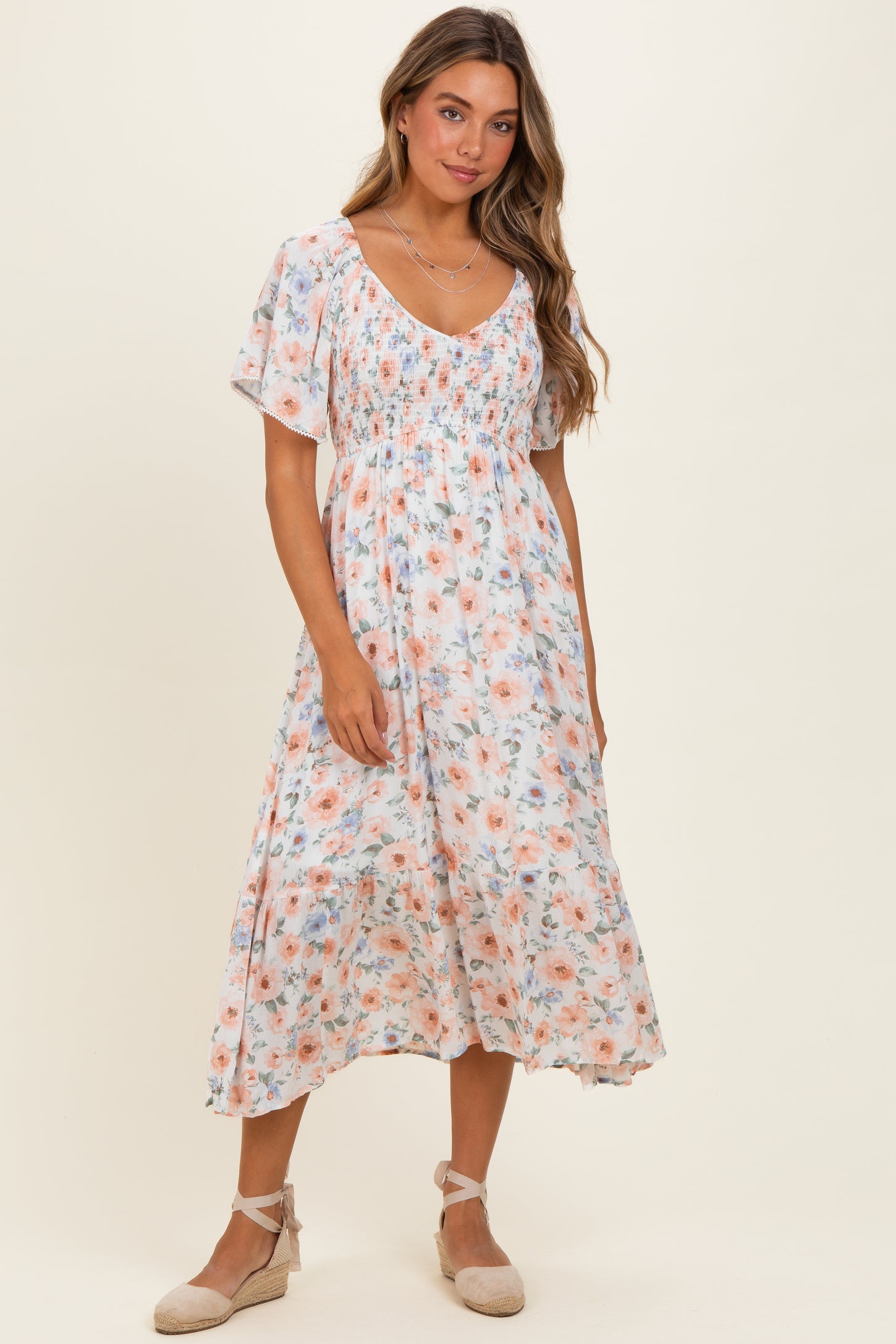 Multicolor Floral Smocked Flutter Sleeve Maxi Dress