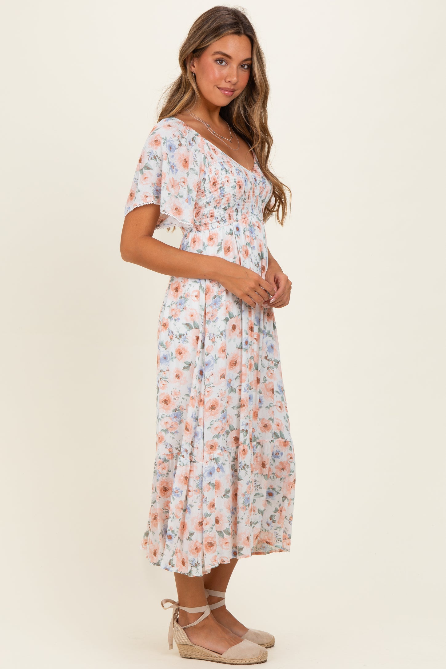 Multicolor Floral Smocked Flutter Sleeve Maxi Dress