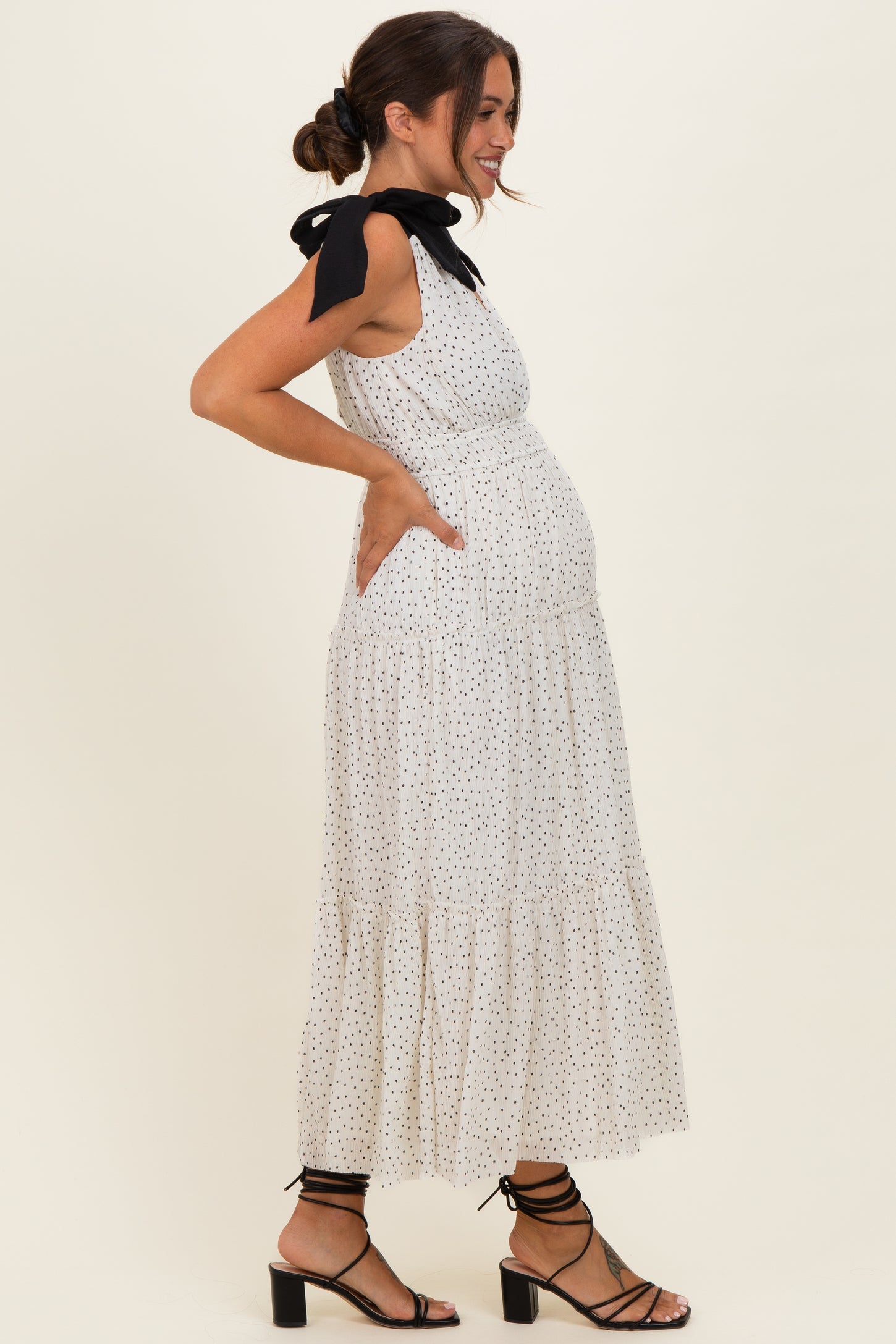 White Polka Dot Shoulder Tie Maternity Dress
