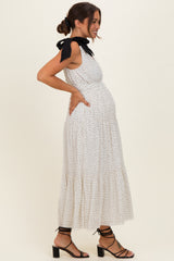 White Polka Dot Shoulder Tie Maternity Dress