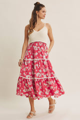 Cherry Red Floral Crochet Knit Top Floral Skirt Dress