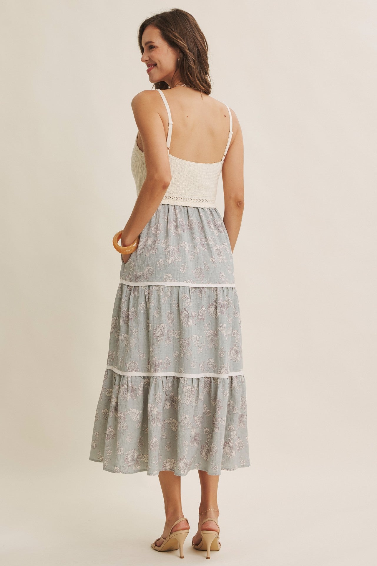 Dusty Mint Floral Crochet Knit Top Floral Skirt Dress