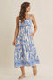 Blue Printed Front Tie Midi Dress