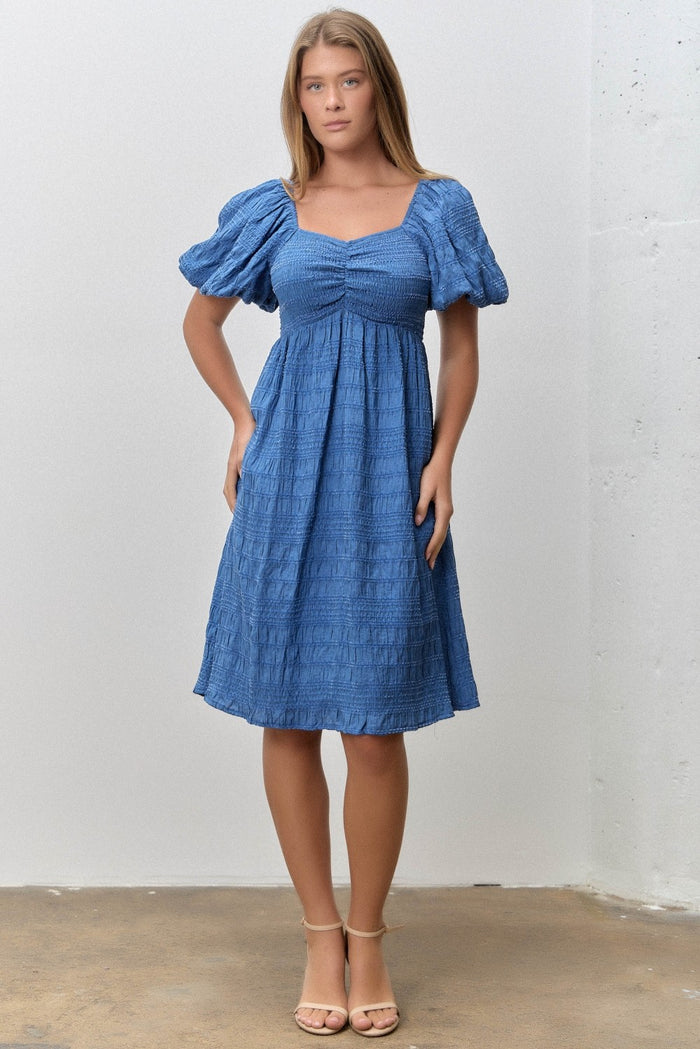 Blue Textured Bubble Sleeve Maternity Dress