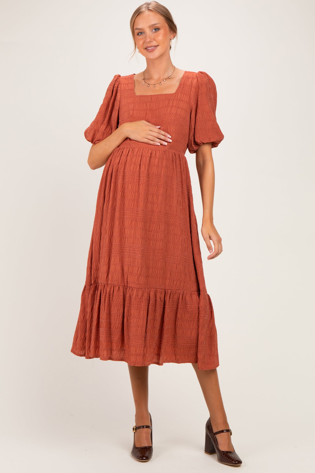 Brick Textured Square Neck Bubble Sleeve Maternity Midi Dress