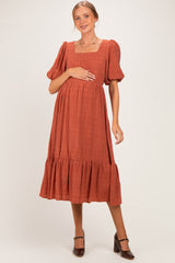 Brick Textured Square Neck Bubble Sleeve Maternity Midi Dress