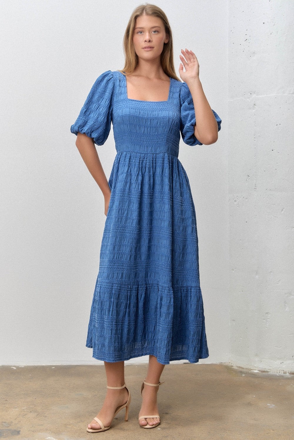 Blue Textured Square Neck Bubble Sleeve Midi Dress