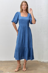 Blue Textured Square Neck Bubble Sleeve Maternity Midi Dress