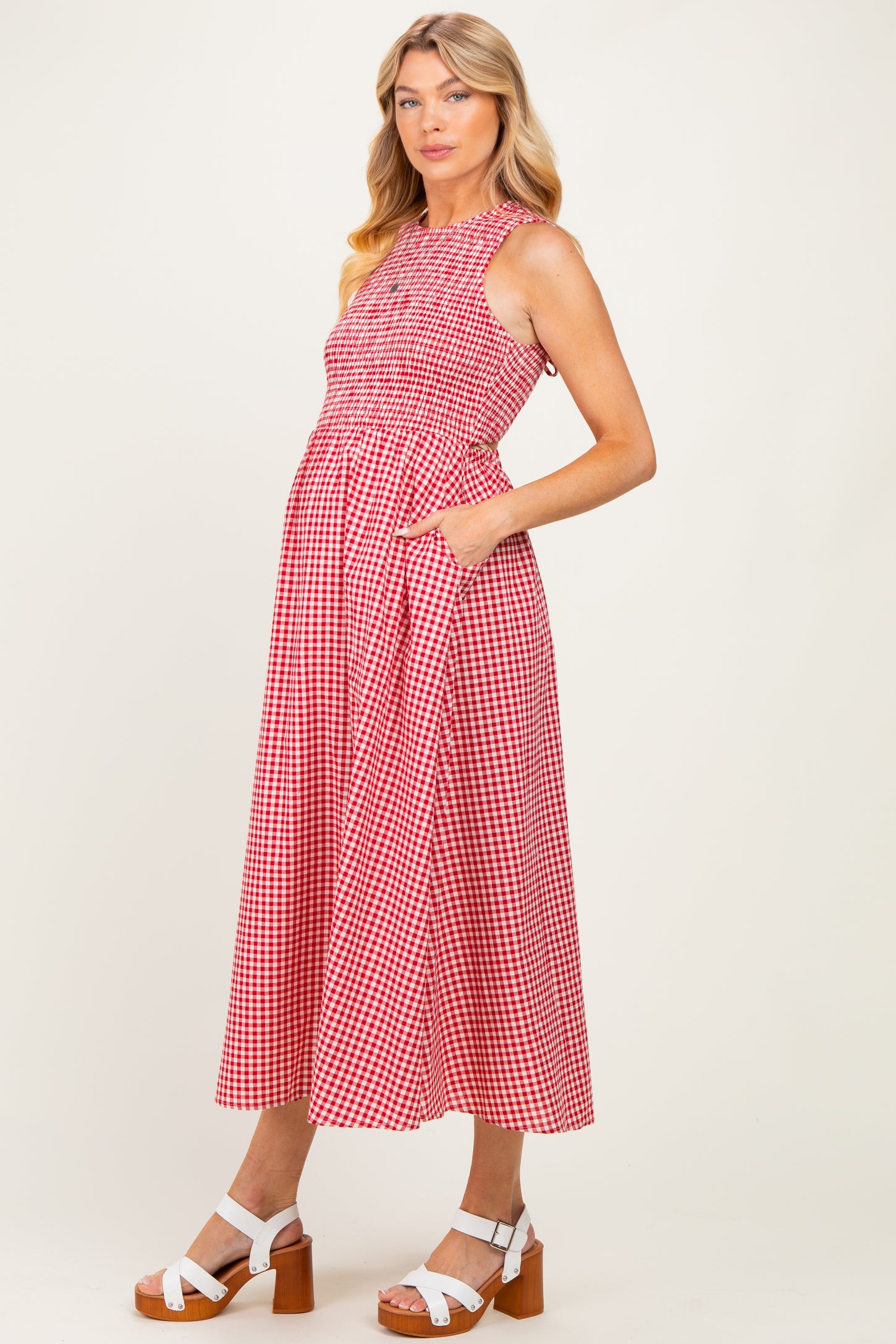 Red Gingham Smocked Cutout Tie Back Maternity Maxi Dress