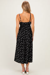 Black Polka Dot Shirred Waist Midi Dress