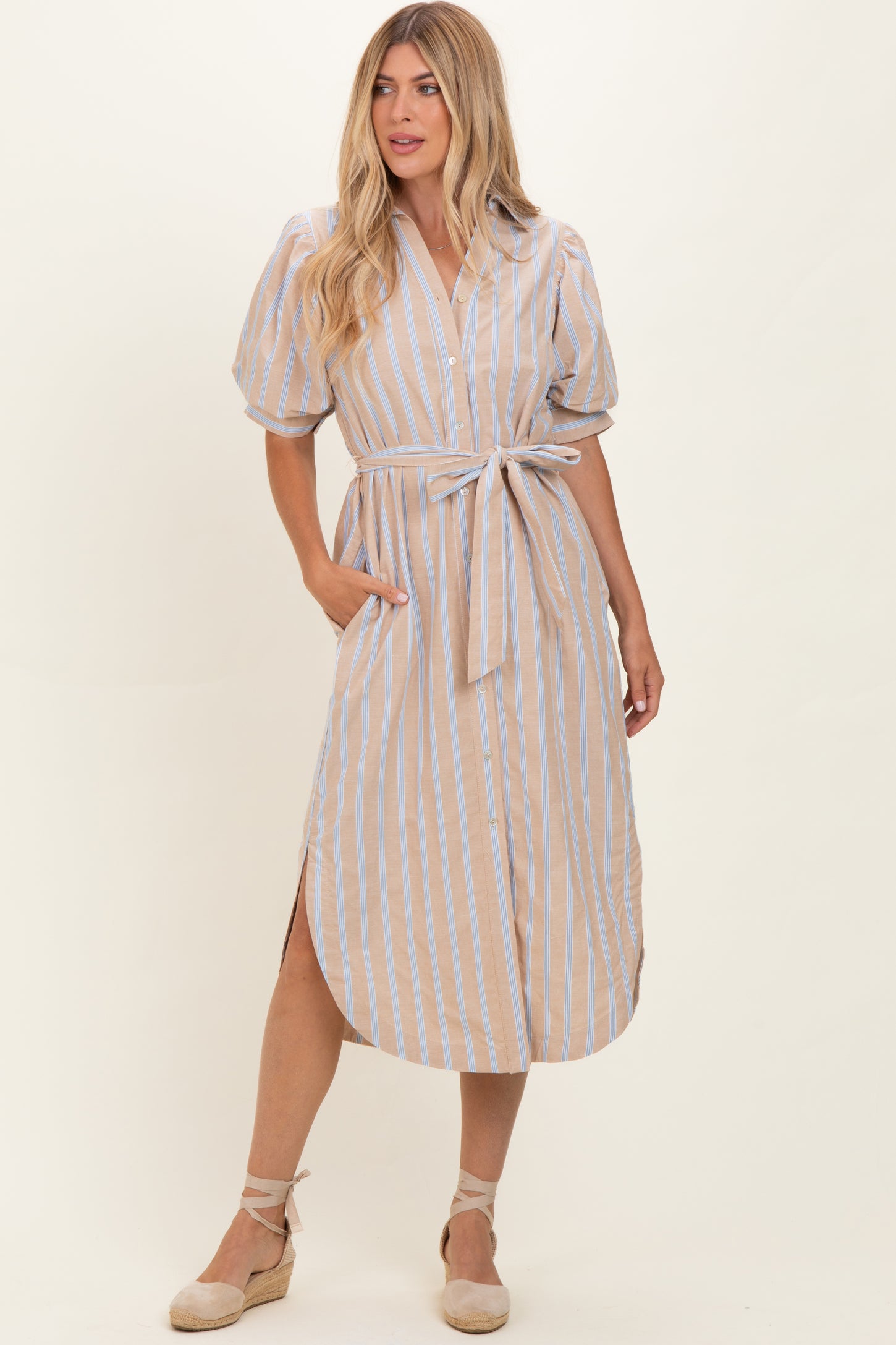 Sand Striped Puff Sleeve Maternity Midi Shirt Dress