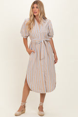 Sand Striped Puff Sleeve Maternity Midi Shirt Dress