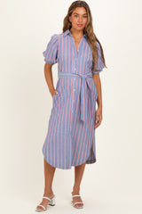 Blue Striped Puff Sleeve Maternity Midi Shirt Dress