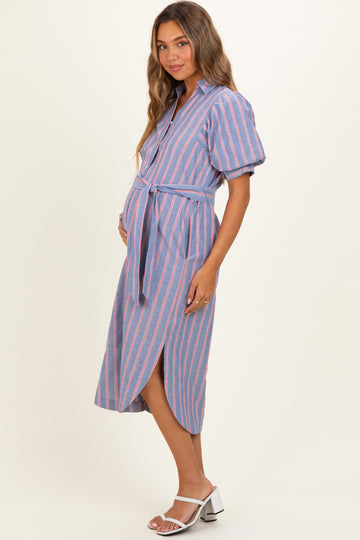 Blue Striped Puff Sleeve Maternity Midi Shirt Dress