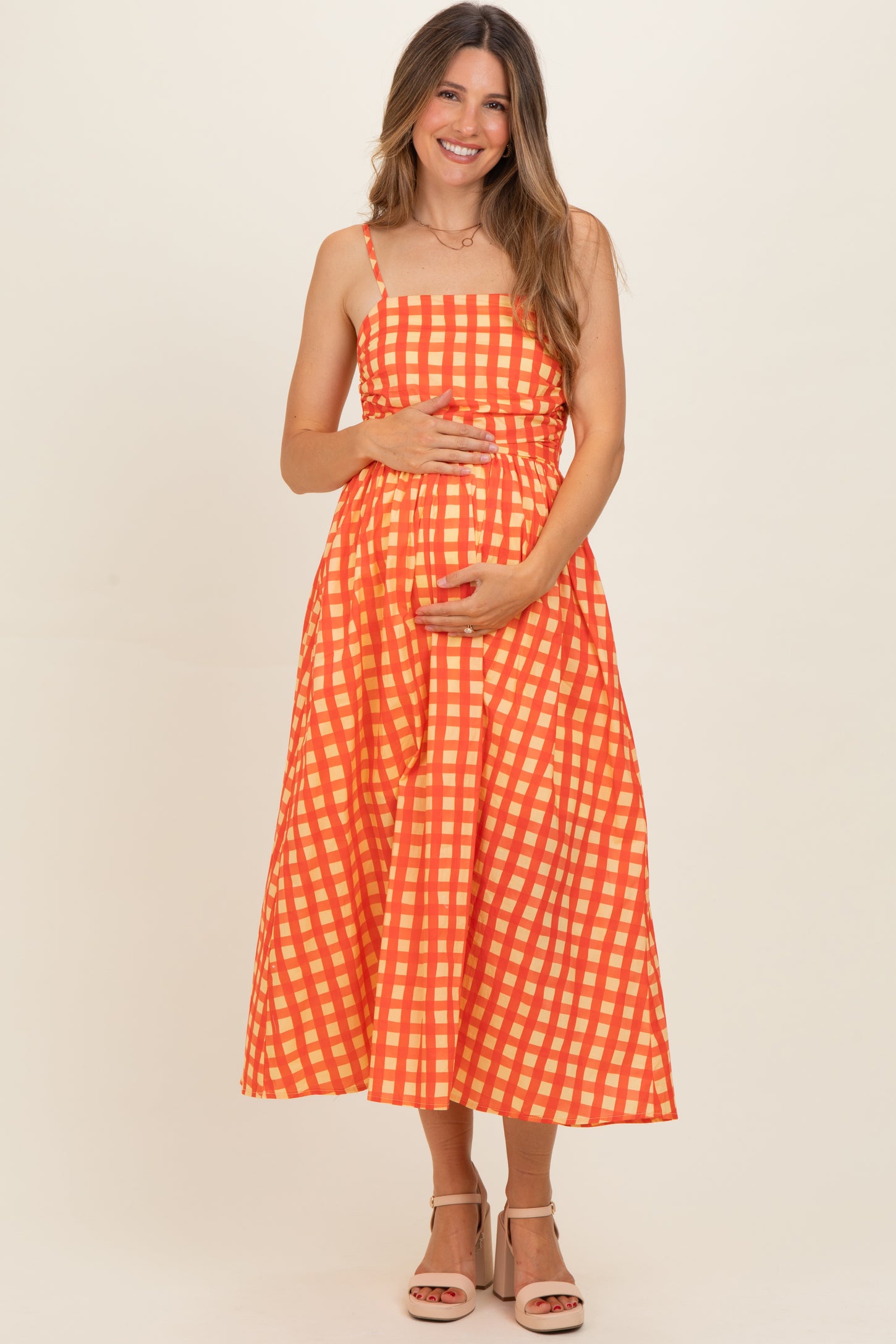 Orange Gingham Maternity Midi Dress