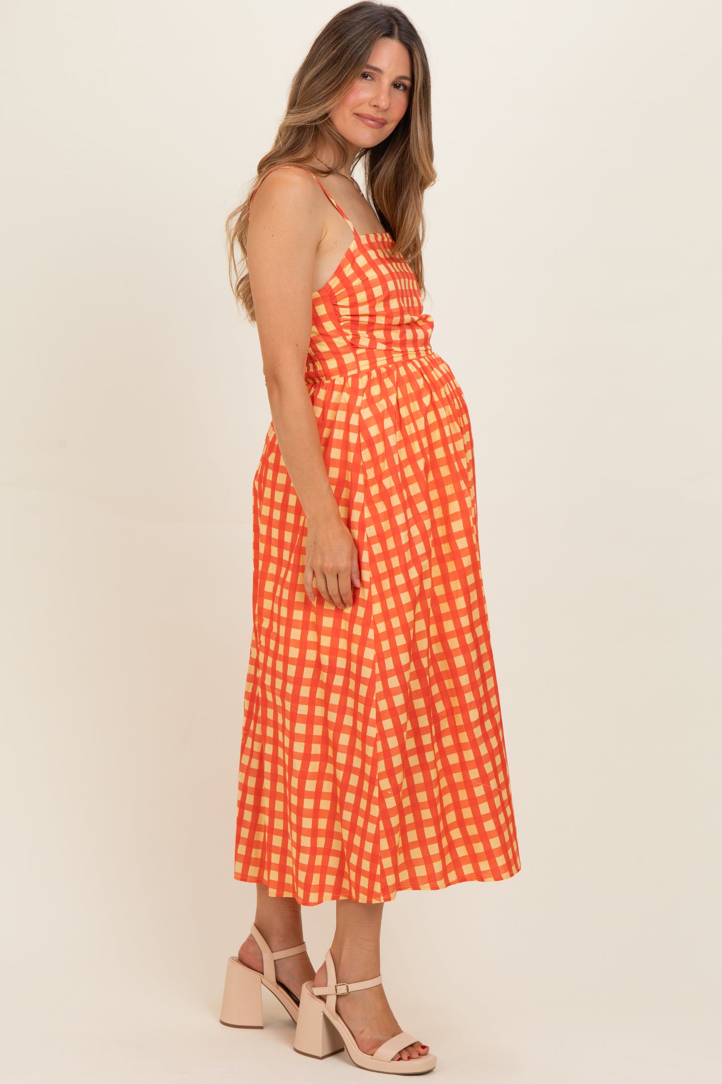 Orange Gingham Maternity Midi Dress