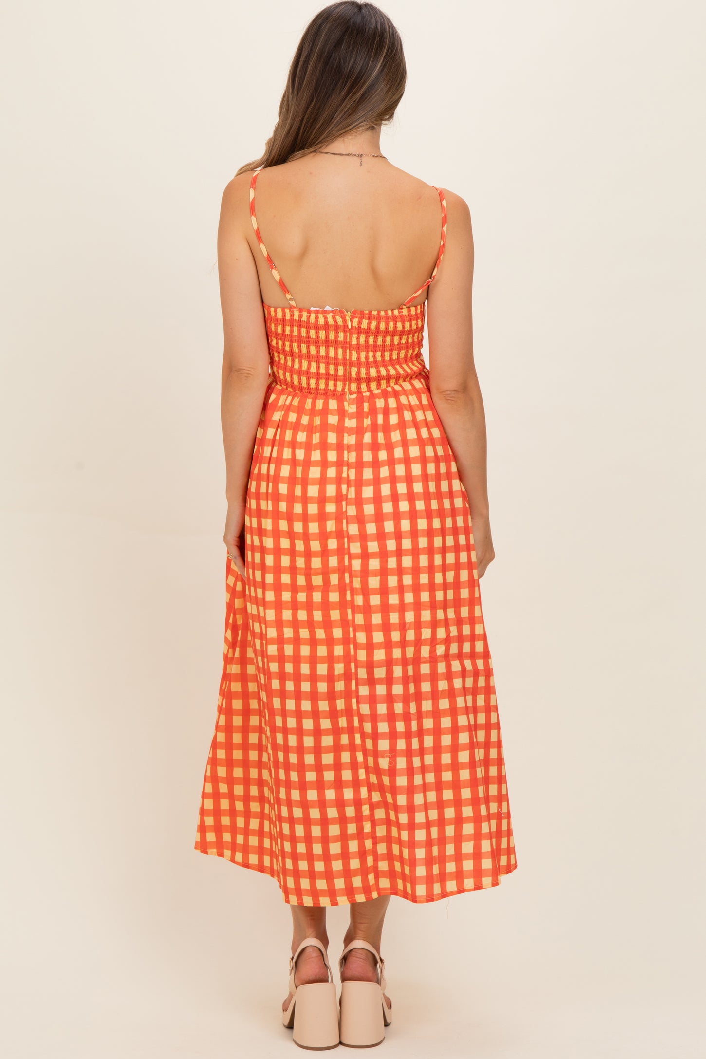 Orange Gingham Maternity Midi Dress