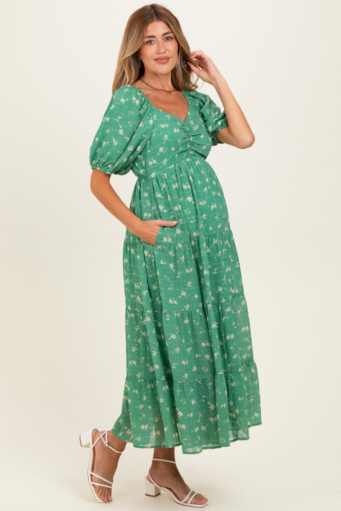 Green Printed Sweetheart Neckline Tiered Maternity Dress