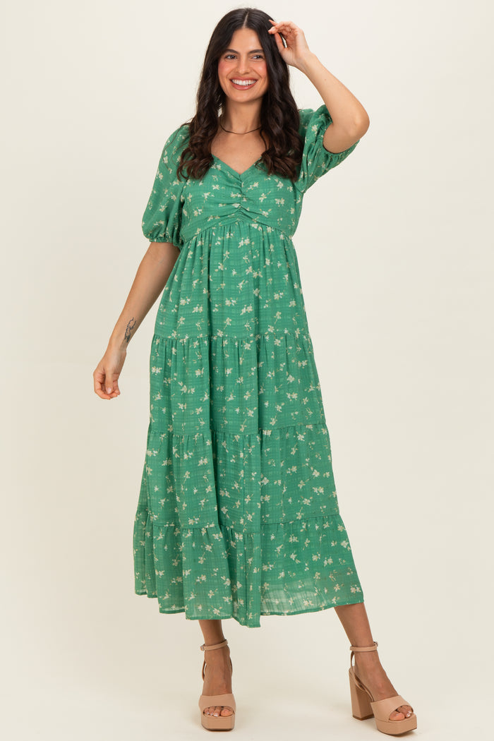Green Printed Sweetheart Neckline Tiered Maternity Dress