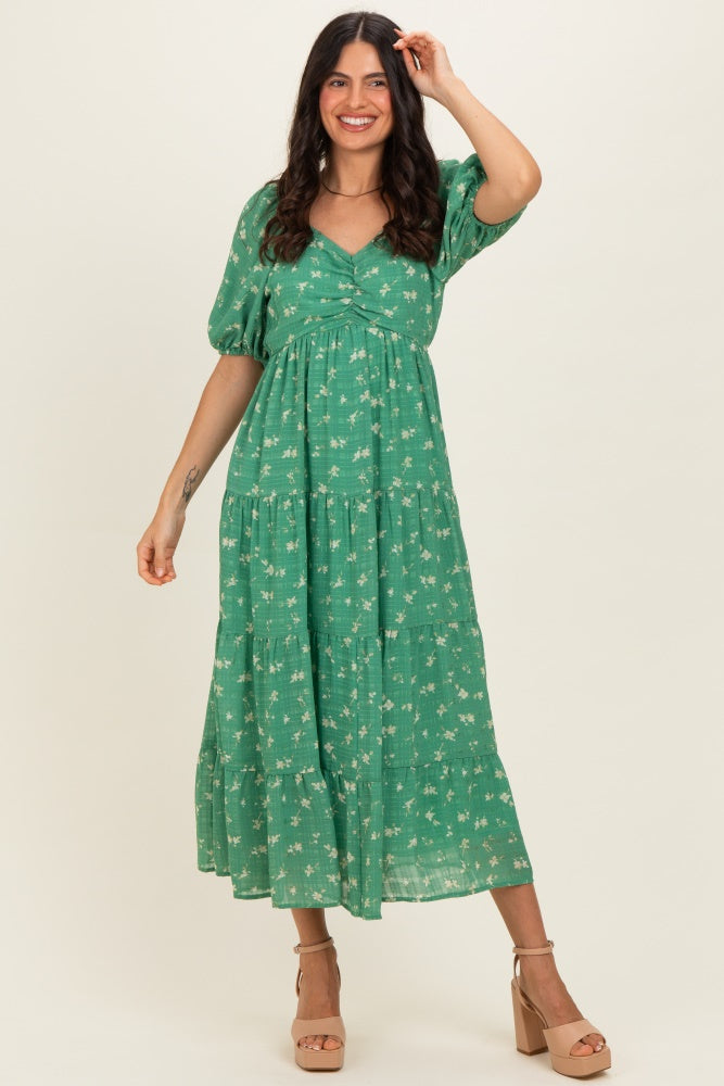 Green Printed Sweetheart Neckline Tiered Dress
