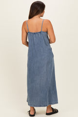 Denim Blue Sleeveless Side Pocket Maternity Dress