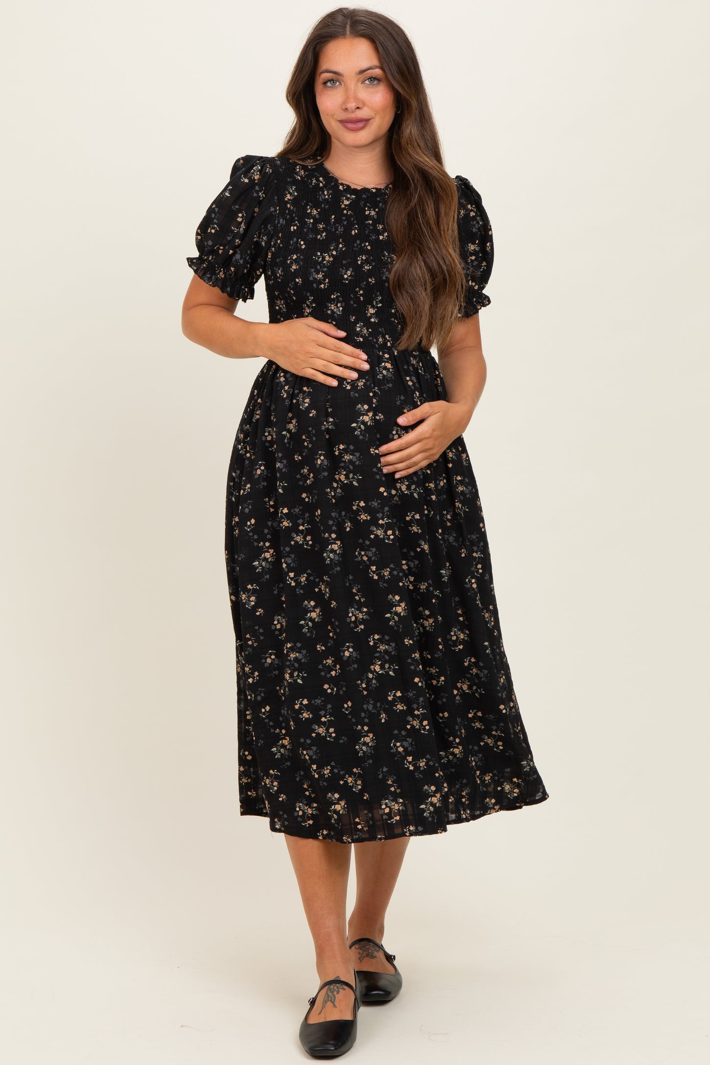 Black Floral Smocked Maternity Midi Dress