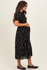 Black Floral Smocked Maternity Midi Dress