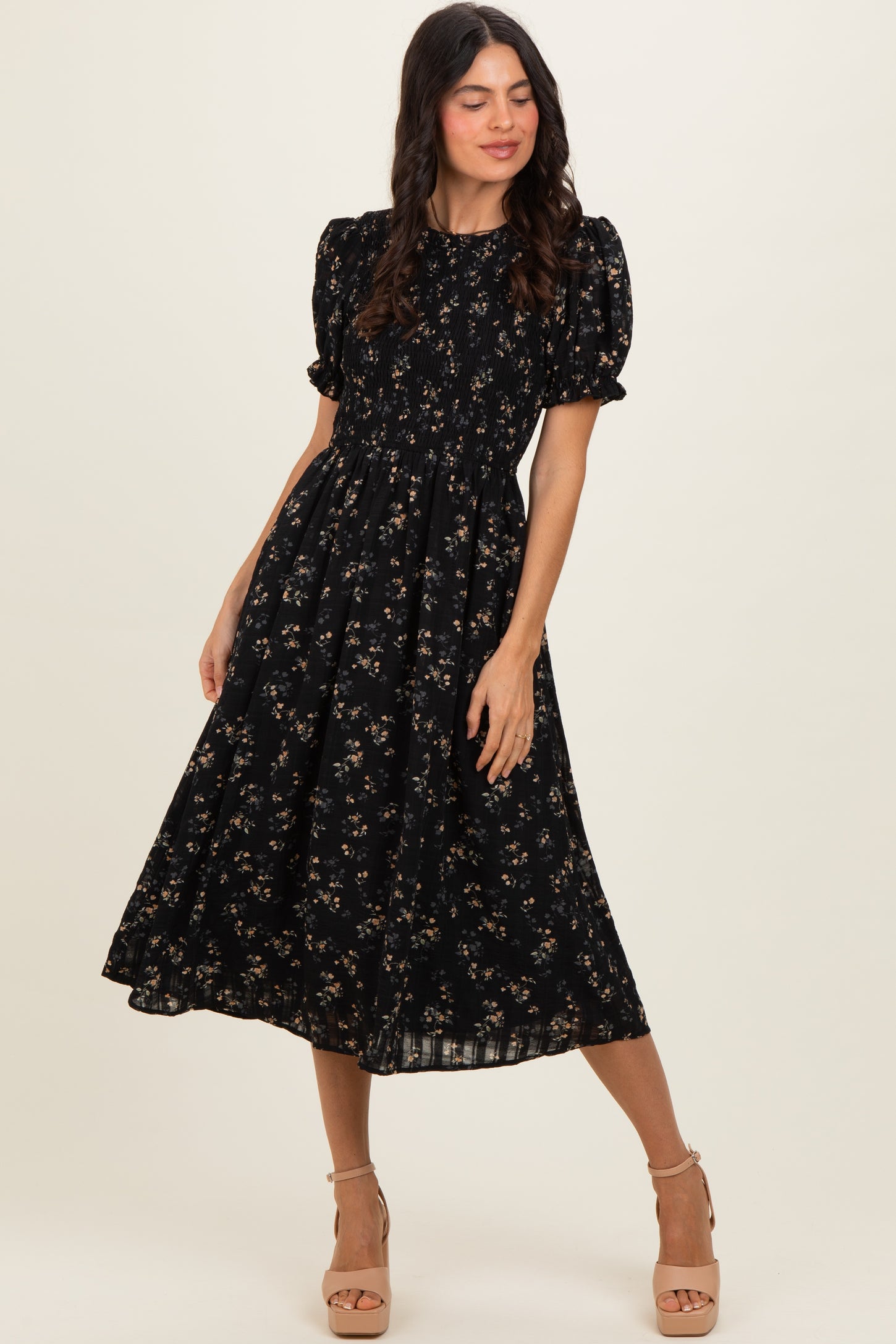 Black Floral Smocked Maternity Midi Dress