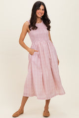 Blush Gingham Sleeveless Smocked Midi Dress