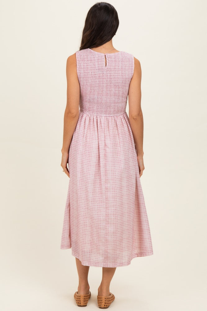Blush Gingham Sleeveless Smocked Midi Dress