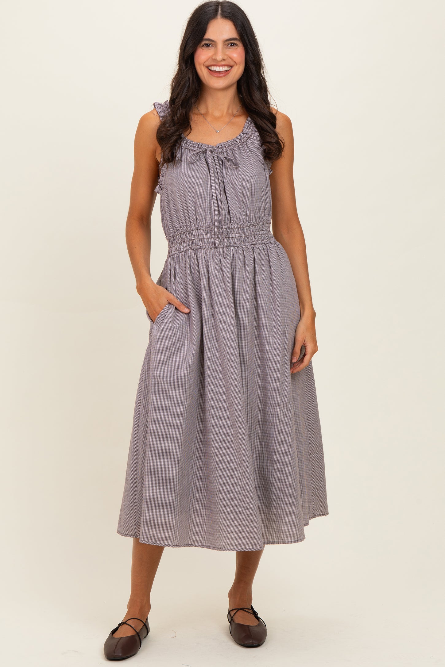 Brown Cinched Waist Front Tie Maternity Midi Dress