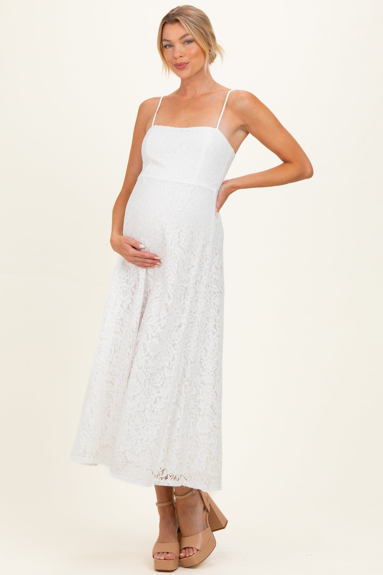 Off White Lace Sleeveless Maternity Midi Dress