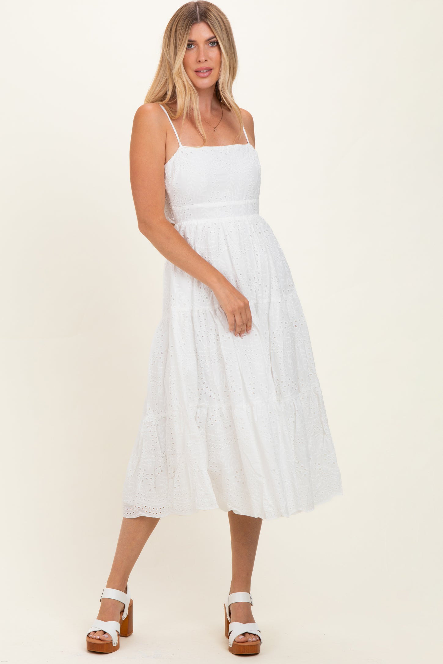 Off White Eyelet Lace Cutout Tie Back Midi Dress