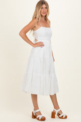 Off White Eyelet Lace Cutout Tie Back Midi Dress