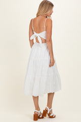 Off White Eyelet Lace Cutout Tie Back Midi Dress