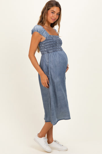 Medium Denim Chambray Smocked Maternity Midi Dress