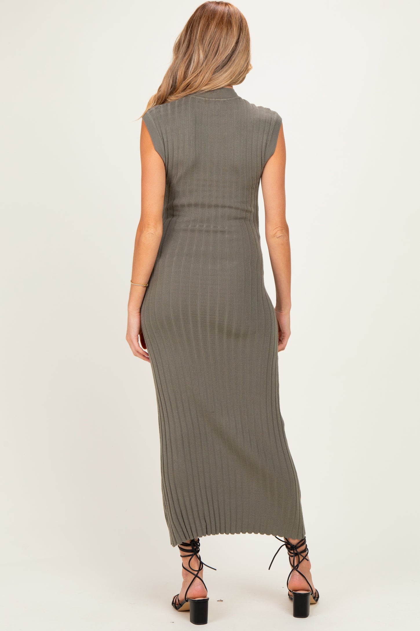Olive Ribbed Knit Mock Neck Maternity Maxi Dress