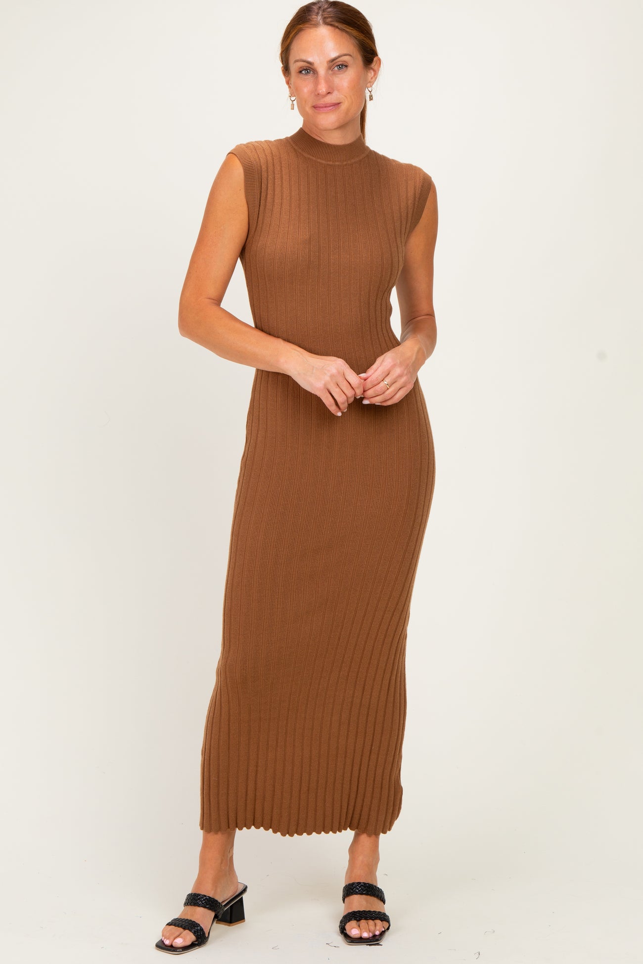 Mocha Ribbed Knit Mock Neck Maternity Maxi Dress