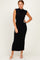 woman wearing a black ribbed knit sleeveless maxi dress with a fitted silhouette and scalloped hem
