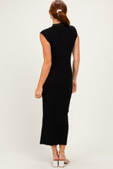woman wearing a fitted black ribbed maxi dress with cap sleeves and a back view, showcasing a sleek silhouette