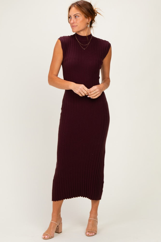 Burgundy Ribbed Knit Mock Neck Maternity Maxi Dress
