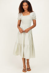 Sage Smocked Puff Sleeve Tiered Linen Midi Dress
