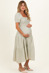 Sage Smocked Puff Sleeve Tiered Linen Maternity Midi Dress