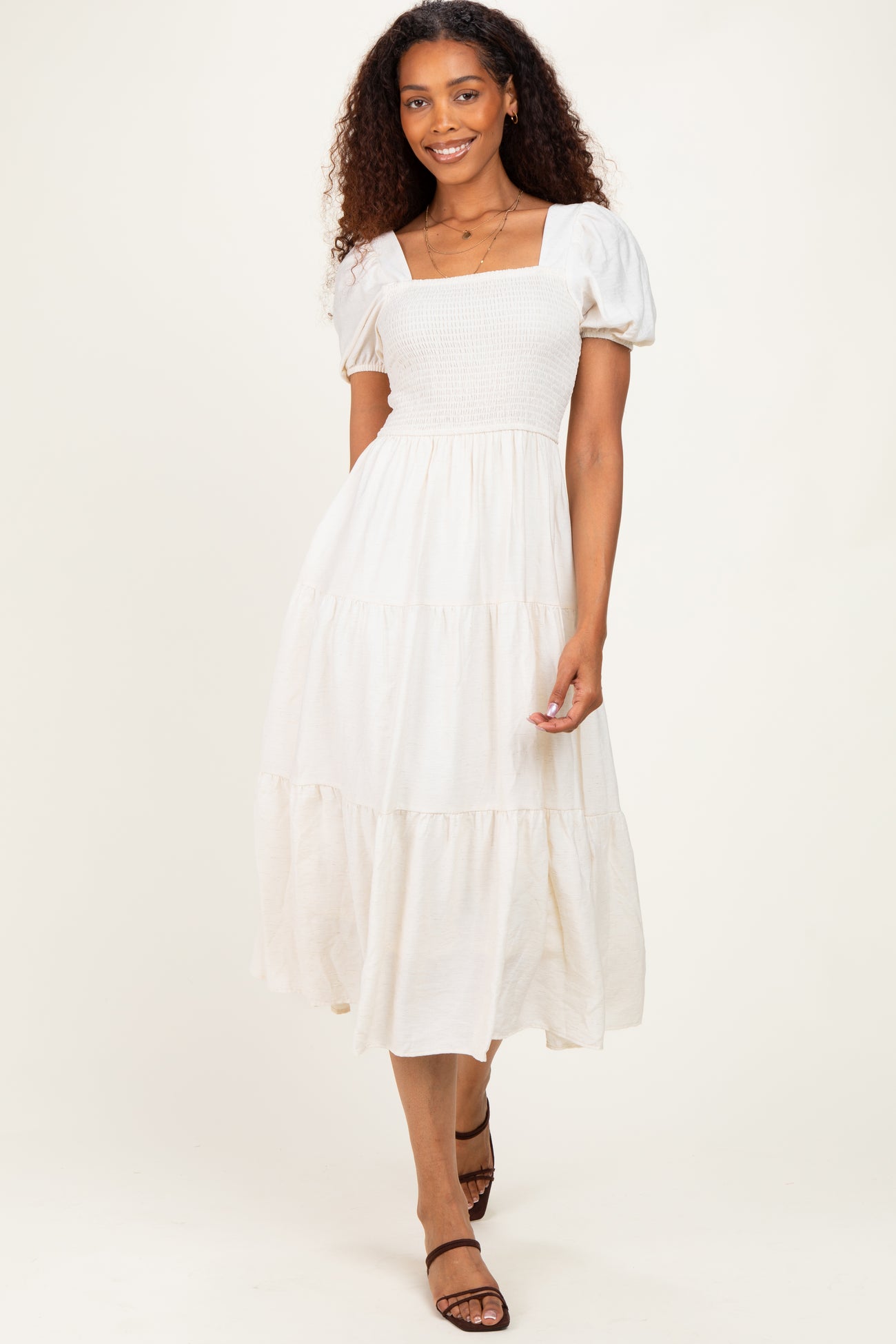 Natural Smocked Puff Sleeve Tiered Linen Maternity Midi Dress