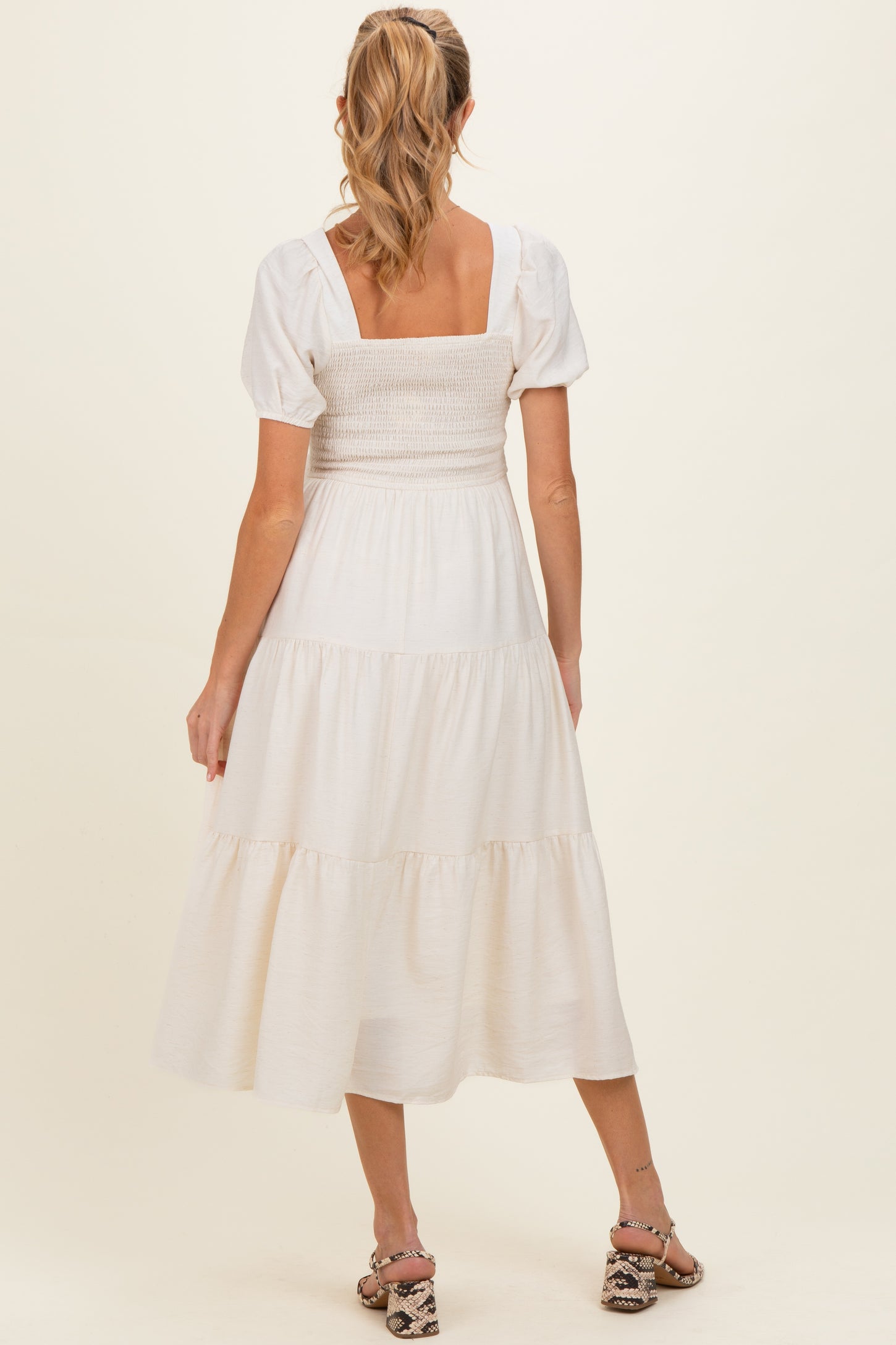 Natural Smocked Puff Sleeve Tiered Linen Maternity Midi Dress