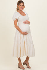 Natural Smocked Puff Sleeve Tiered Linen Maternity Midi Dress