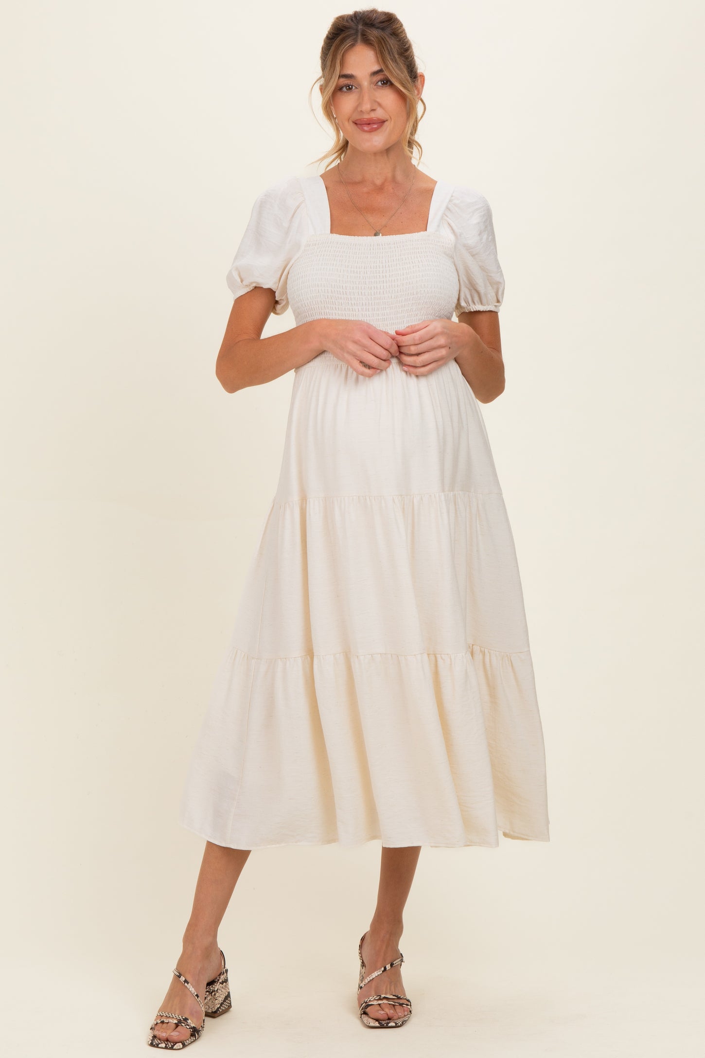 Natural Smocked Puff Sleeve Tiered Linen Maternity Midi Dress