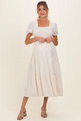 Natural Smocked Puff Sleeve Tiered Linen Maternity Midi Dress