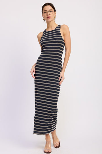 Navy Ribbed Striped Fitted Maxi Dress